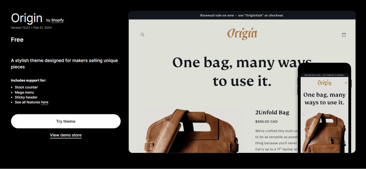 origin theme shopify store page