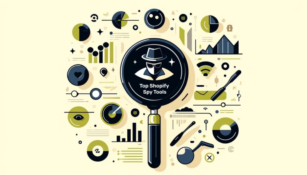 A black magnifying glass depicting a spy like figure with the text top shopify spy tools