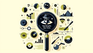 A black magnifying glass depicting a spy like figure with the text top shopify spy tools