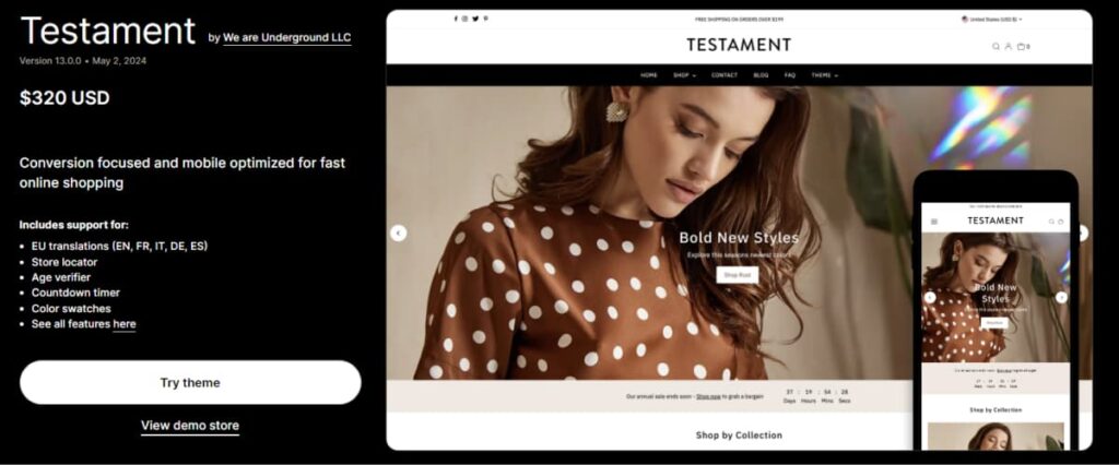Testament theme store page