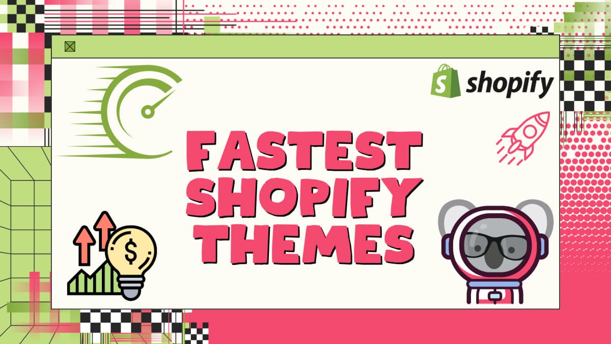 This image features a bold, vibrant graphic promoting the "Fastest Shopify Themes." The design includes a variety of playful elements such as a speedometer, a rocket, a light bulb with rising arrows representing growth, and a cartoon version of the Koala brand as an astronaut wearing headphones.