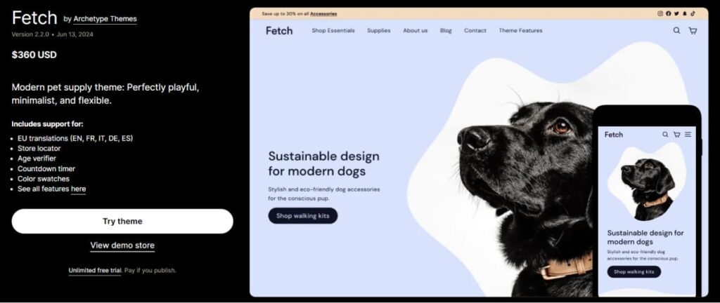 fetch theme store page with pet store preset