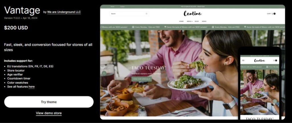 vantage shopify theme store page with food preset